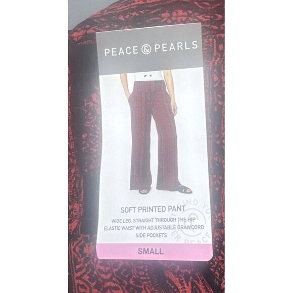 Peace & Pearls Red Black Patterned Wide Leg Soft Pants Elastic Waist-Sz S NEW - Picture 8 of 14